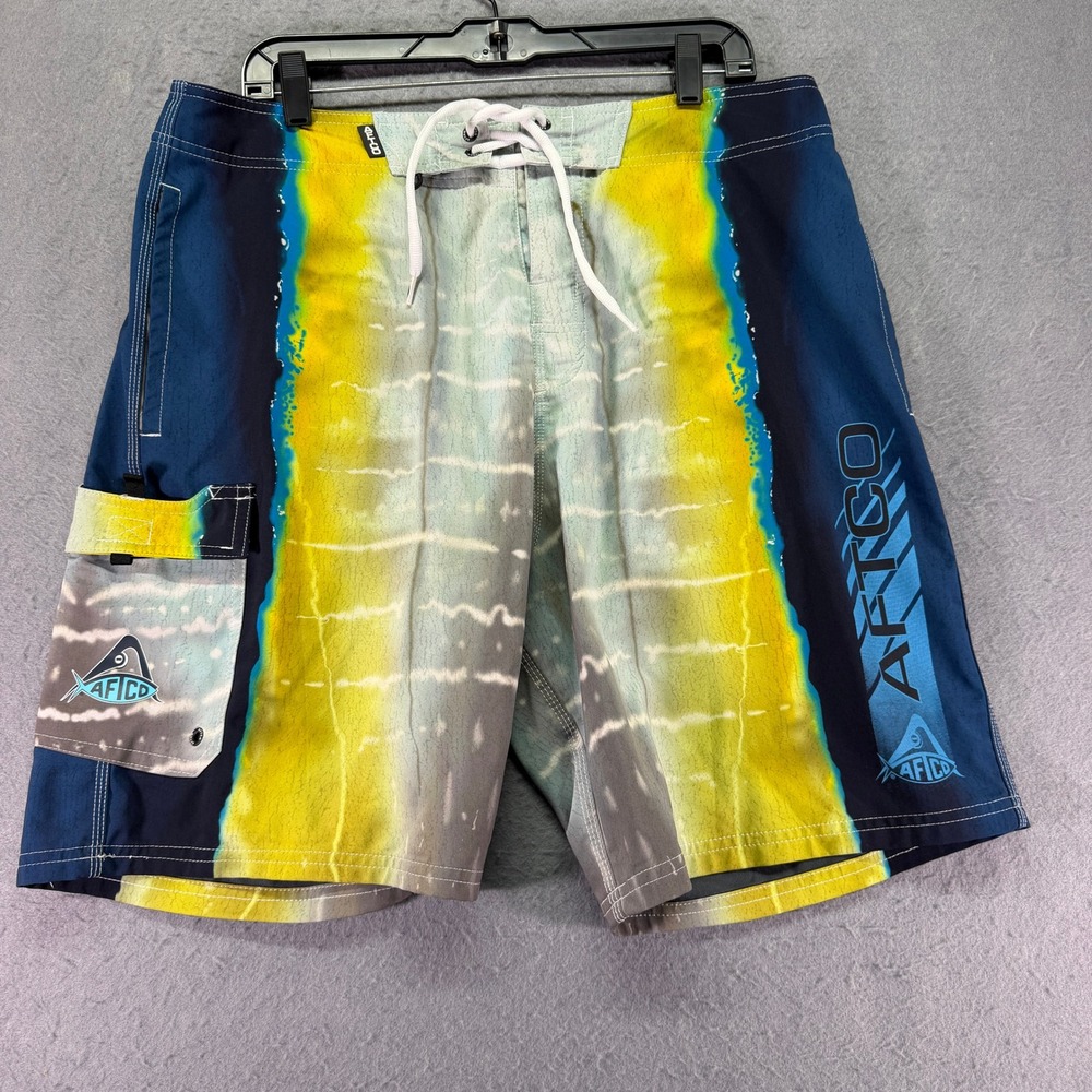 AFTCO Mens Mahi Mahi Print Fishing Board Shorts Blue Yellow Size 37 Inseam 8.5